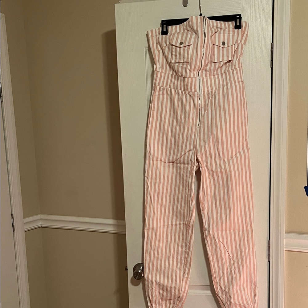 Light Pink and White Striped strapless Jumpsuit